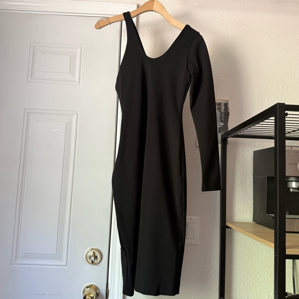 ALIEVA black‎ knit asymmetrical one shoulder long sleeve midi dress bodycon